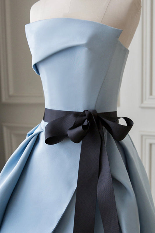 New blue high split prom dress long strapless backless 8642