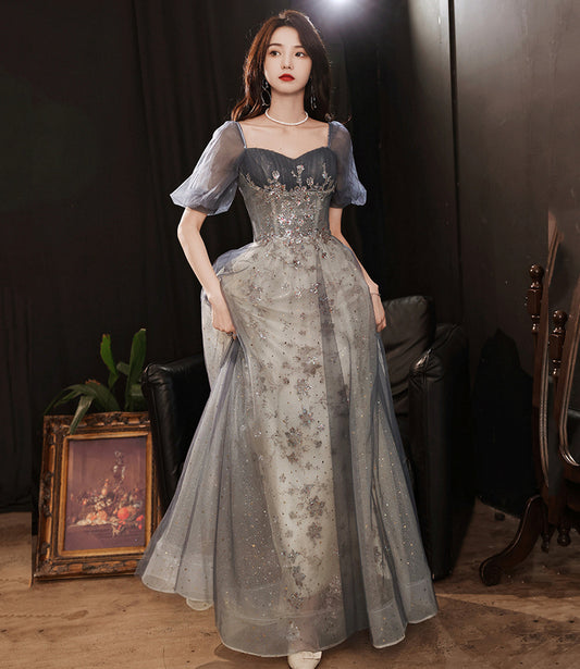 Gray tulle sequins long prom dress gray evening dress 10252