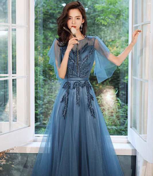 Blue tulle lace long prom dress blue evening gown 10286