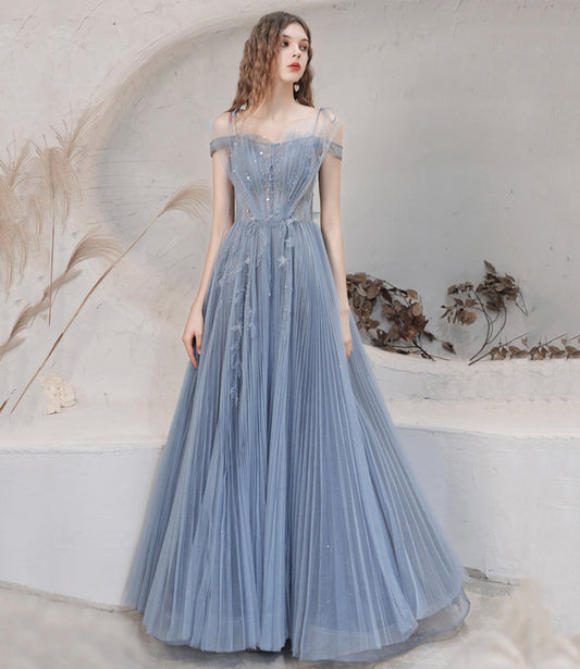 Blue tulle sequins long prom dress blue evening dress 10478