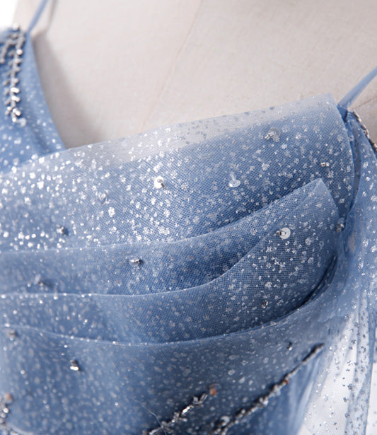 Blue tulle long A line prom dress fashion dress 8763