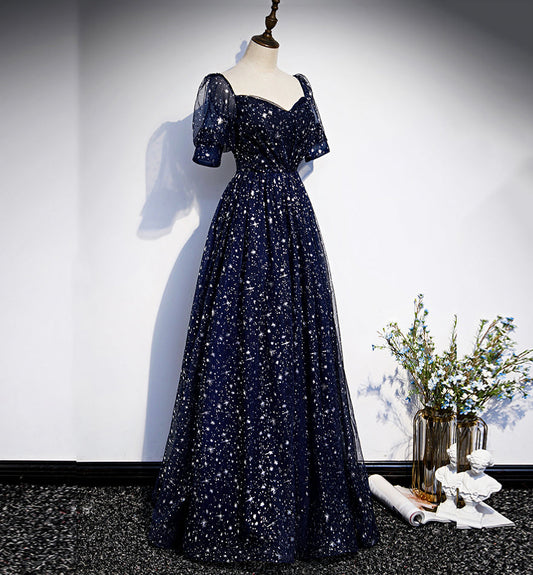 Blue tulle long prom dress blue evening dress 8425