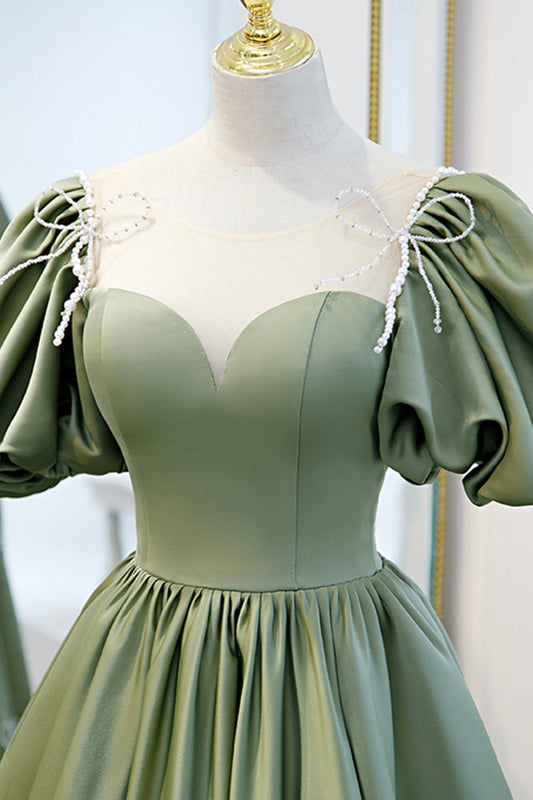 Green satin long A line prom dress evening dress 8745