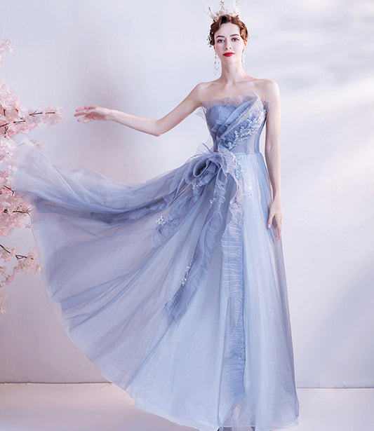 Cute tulle beads long prom dress A line evening dress 10511