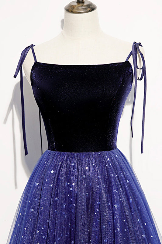 Blue velvet tulle long prom dress A line evening dress 8634