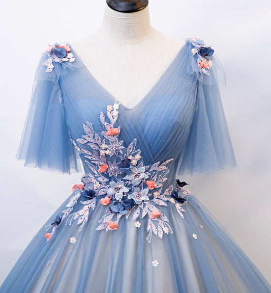 Blue v neck tulle long prom gown formal dress 8478