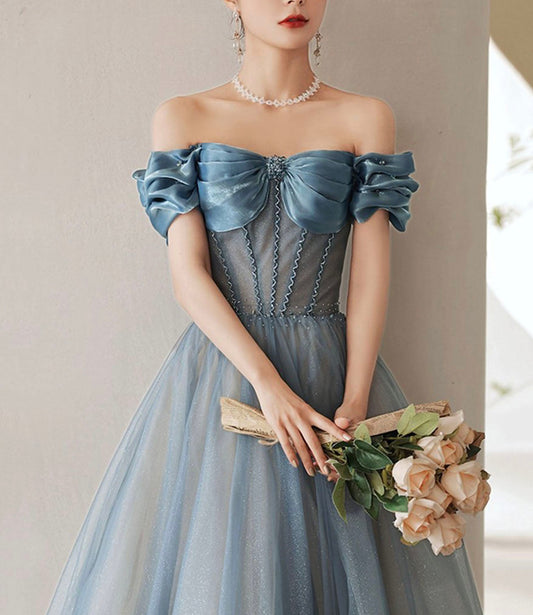 Blue tulle long A line ball gown dress evening gown 10287