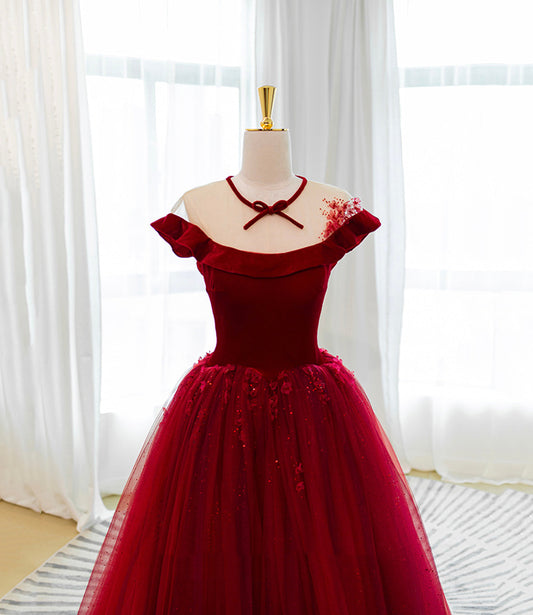 Burgundy velvet tulle long prom dress A line evening gown 10580