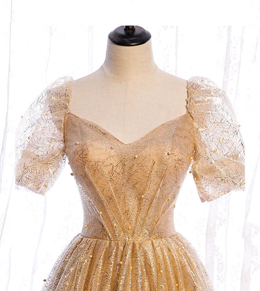 Gold tulle sequins long prom dress evening dress 8428