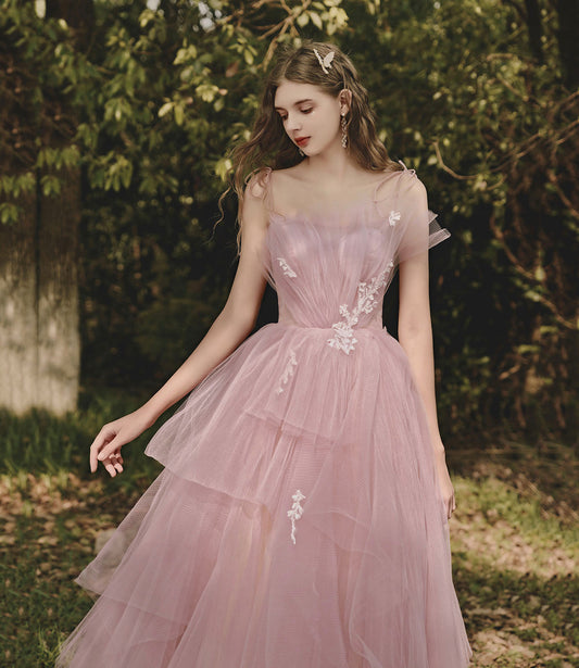 Pink tulle lace long prom dress pink evening gown 10188