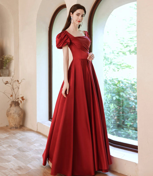 Red satin long A line prom dress red evening dress 10529