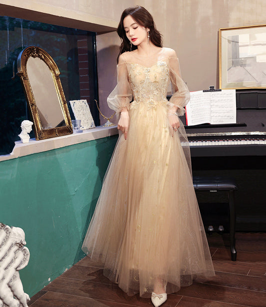 Champagne tulle lace long prom dress A line evening dress 10454