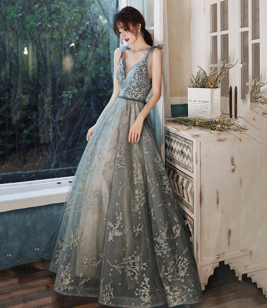 Gray tulle sequins long prom dress evening gown 10121