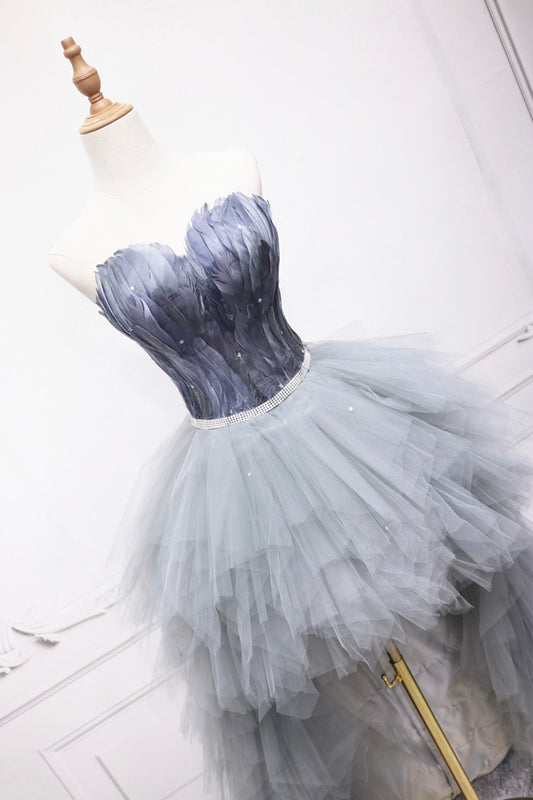 Unique tulle high low prom dress A line evening dress 8578