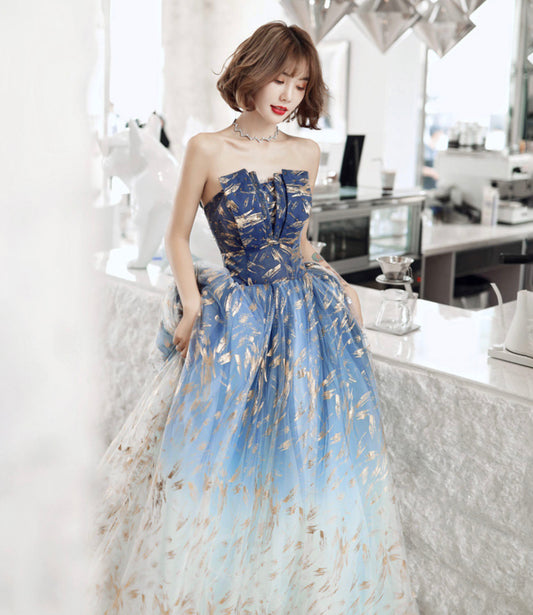 Blue tulle long prom dress blue evening dress 10590