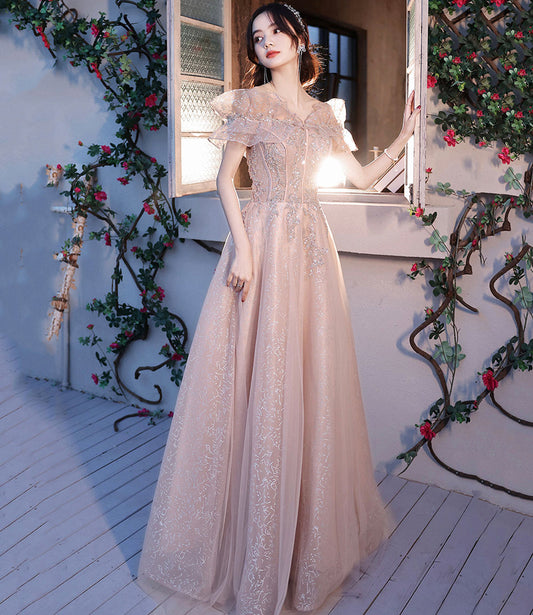 Pink tulle beads long prom dress A line evening dress 10487