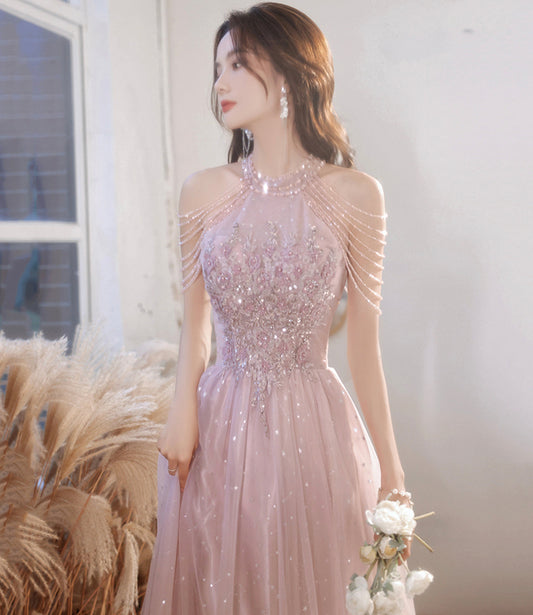 Pink tulle beads long prom dress A line evening gown 10299