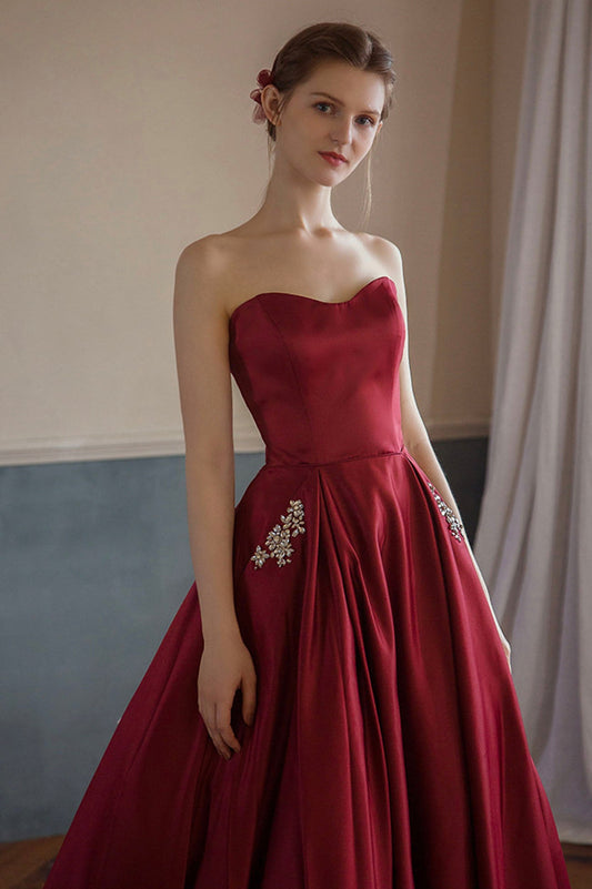 Red satin long A line prom dress red evening dress 10594