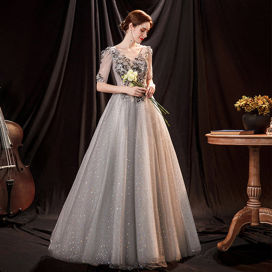 Gray tulle sequins long ball gown dress formal dress 10147