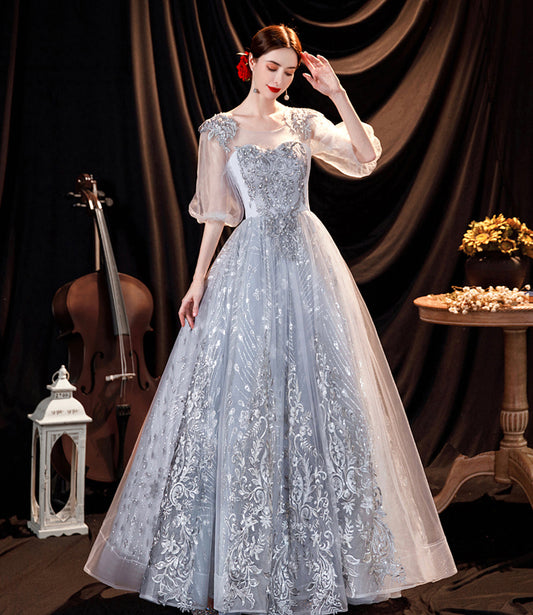 Gray tulle lace long prom dress A line evening gown 10508