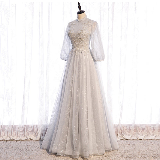 Gray lace sequins long prom gown evening dress 8964