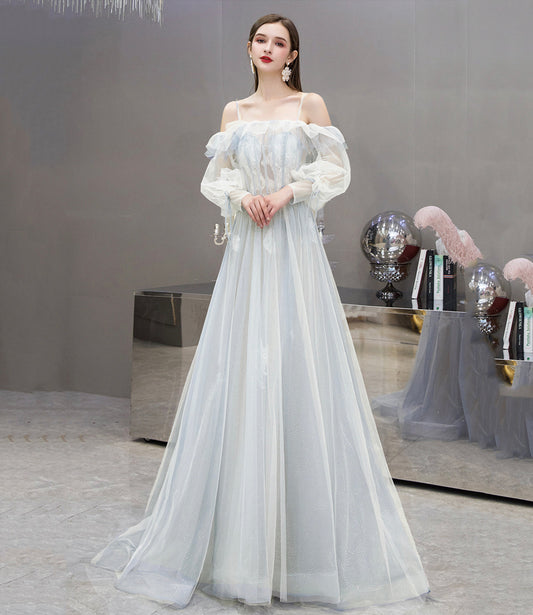 Cute tulle lace long prom dress A line evening dress 10476