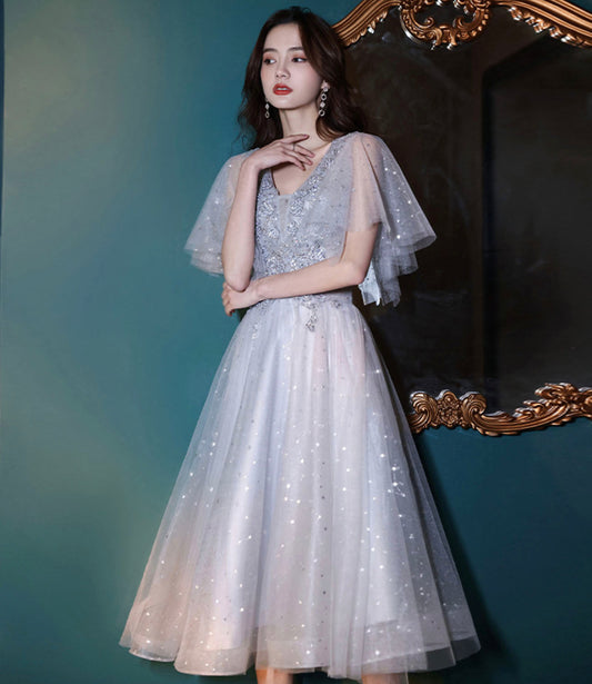 Gray tulle sequins short prom dress homecoming dress 10611