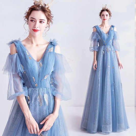 Blue v neck tulle long prom dress A line evening dress 10144