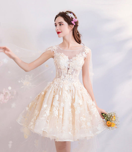 Champagne tulle lace short prom dress homecoming dress 10513
