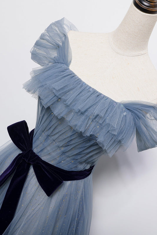 Bule tulle long A line prom dress blue evening dress 8718