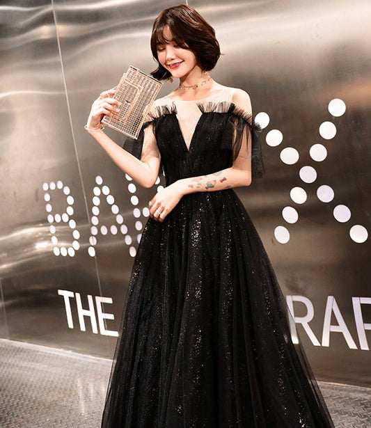 Black tulle long prom dress A line evening dress 10317