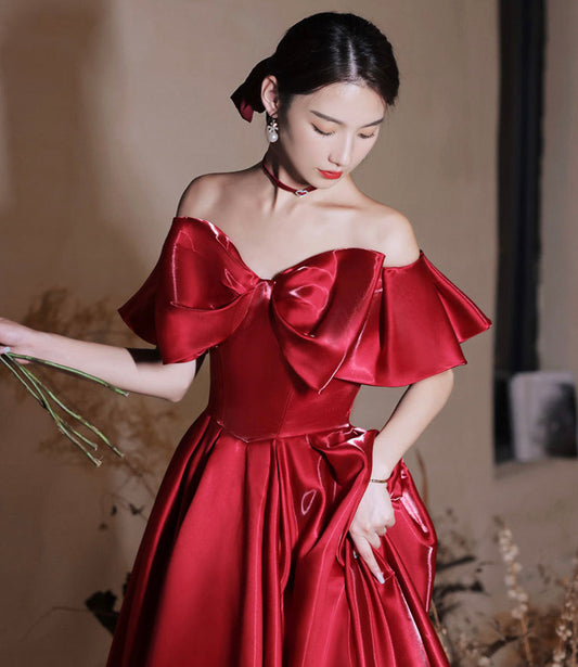 Red satin long prom dress A line evening dress 10582