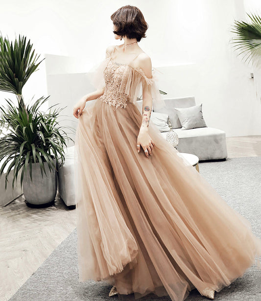 Cute tulle lace long prom dress A line evening dress 10167