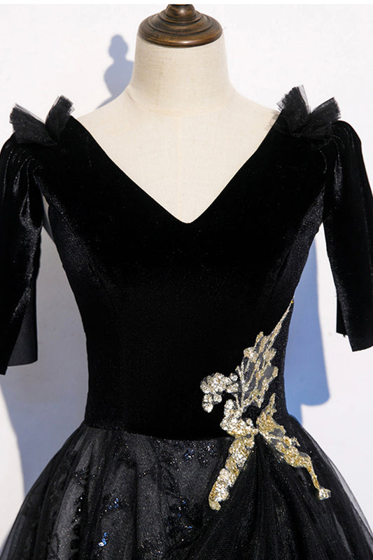 Black velvet lace long prom dress evening dress 8502