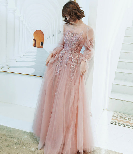 Pink tulle lace long prom dress pink evening dress 10267
