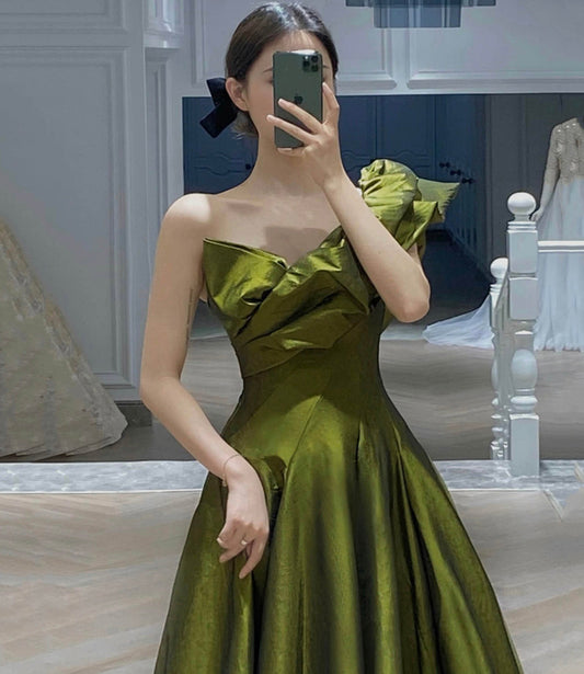 Green satin long prom dress A line evening dress 10541