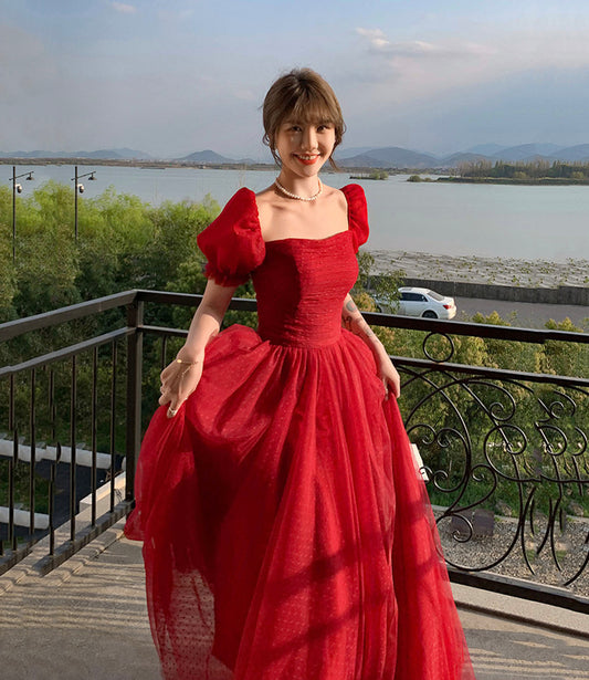 Red tulle long prom dress A line evening dress 10602
