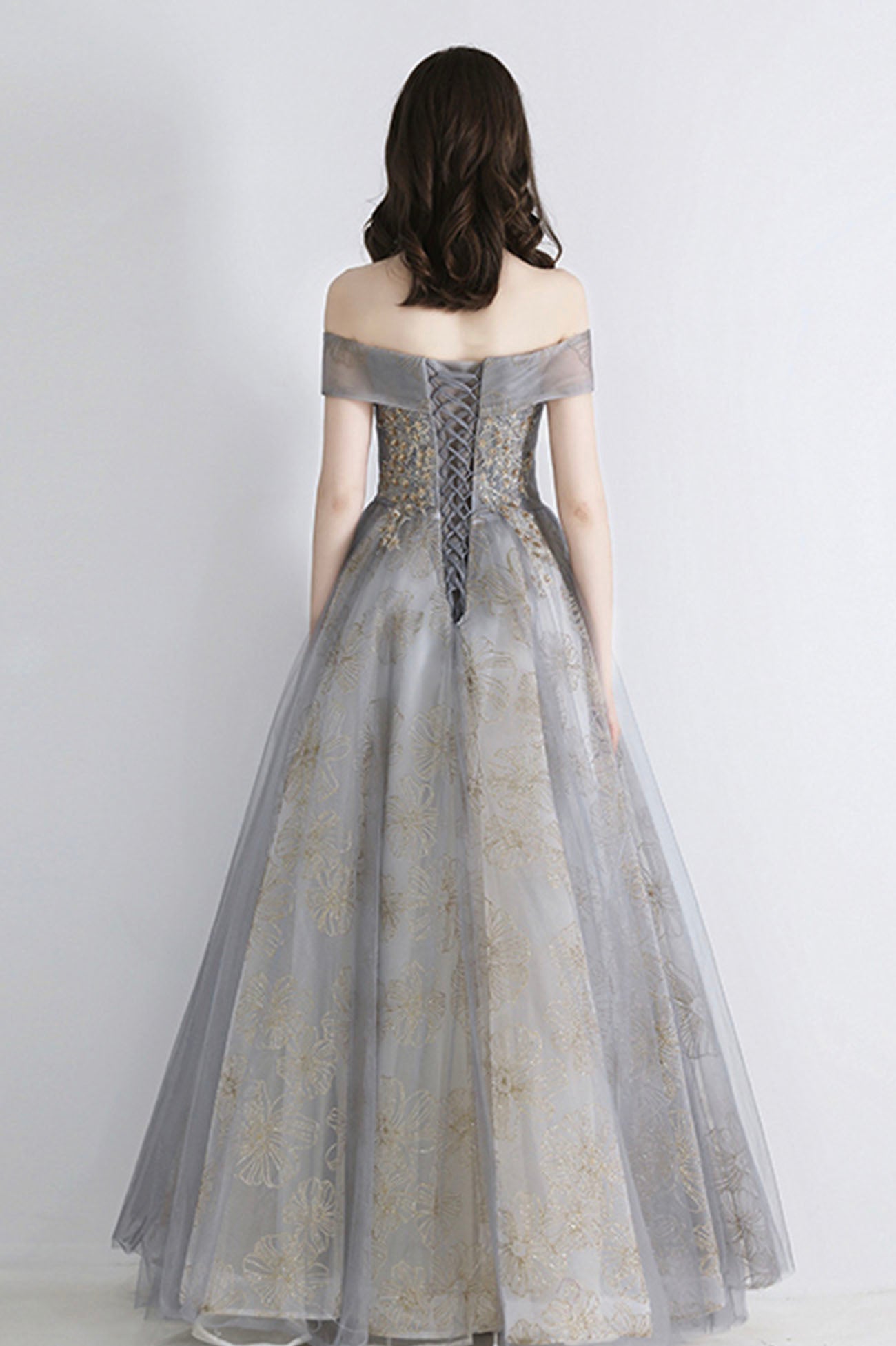 Gray tulle sequins long prom dress evening dress 10639