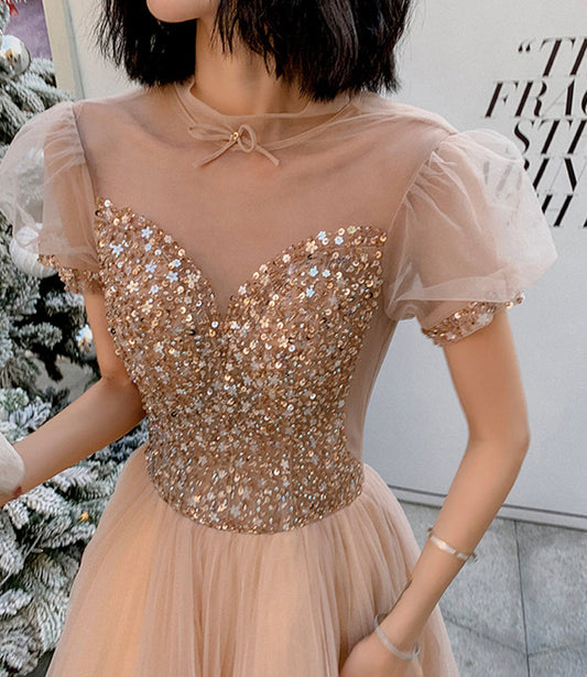 Cute tulle beads long prom dress A line evening gown 10264