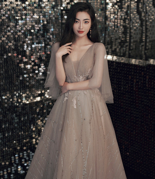 Champagne tulle lace long prom dress A line evening gown 10464