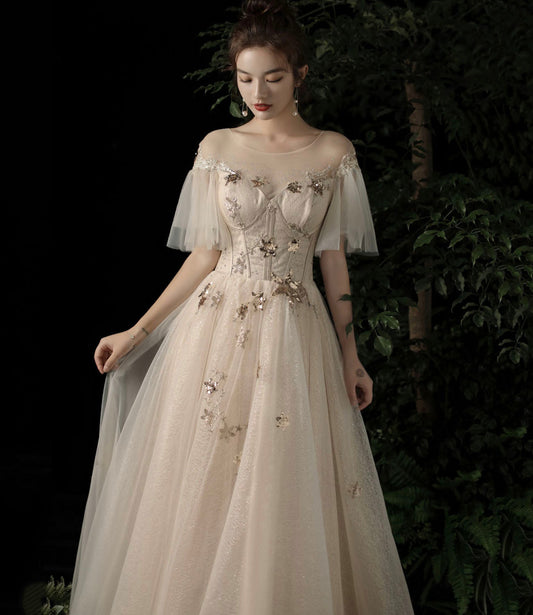 Cute tulle sequins long prom dress evening dress 10196