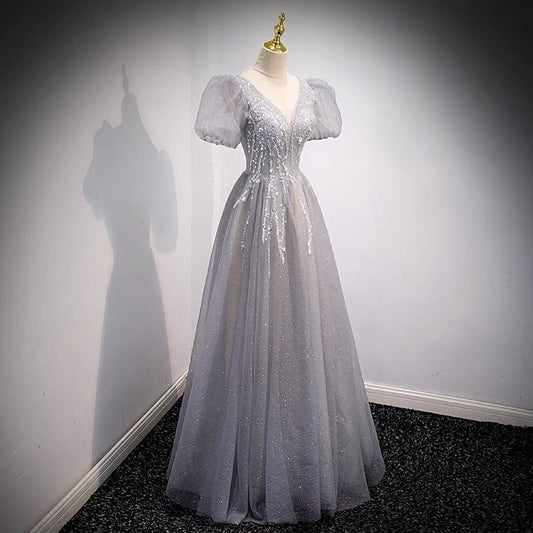 Gray tulle beads long prom dress A line evening dress 8956