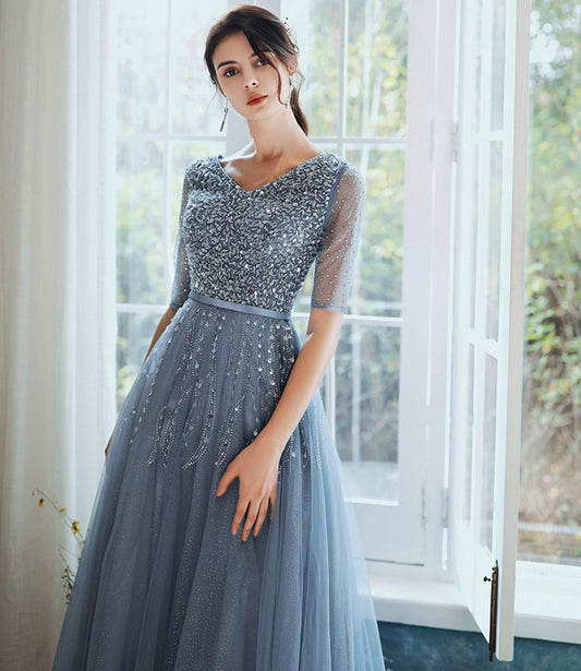 Blue tulle beads long prom dress A line evening gown 10333
