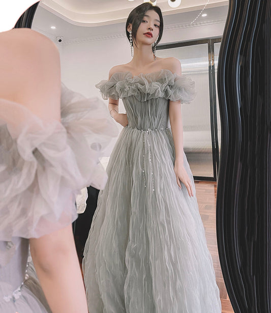 Gray tulle long prom dress A line evening dress 10647