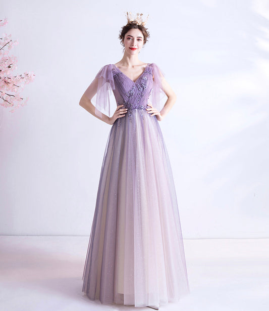 Purple v neck tulle long prom dress A line evening gown 10130