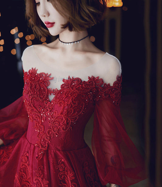 Burgundy lace long prom dress A line evening dress 10213
