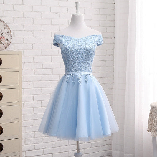 Blue tulle lace prom dress blue evening dress 8289