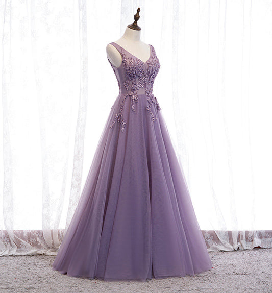 Purple v neck long A line prom dress lace evening dress 8586
