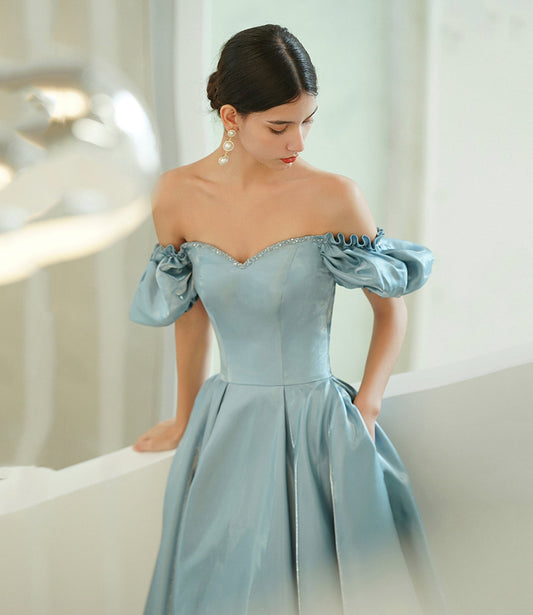 Blue satin long A line prom dress blue evening dress 10215