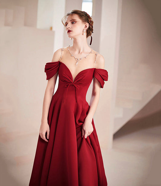 Burgundy satin long prom dress A line evening dress 10578